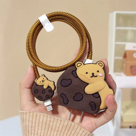 Iphone Charger Case Cover - Bear Cookie - 4 Piece Set (With Wire Protector)