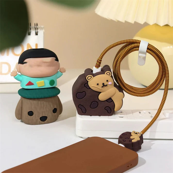 Iphone Charger Case Cover - Bear Cookie - 4 Piece Set (With Wire Protector)