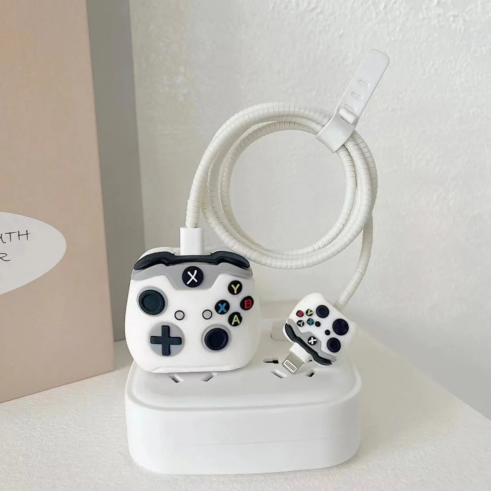 Iphone Charger Case Cover - Xbox White  - 4 Piece Set (With Wire Protector)