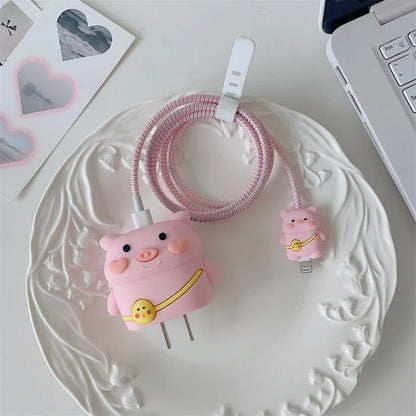 Iphone Charger Case Cover - Pink Cute Pig- 4 Piece Set