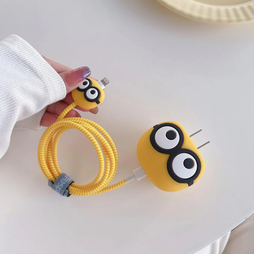 Iphone Charger Case Cover - Yellow Owl  - 4 Piece Set (With Wire Protector)