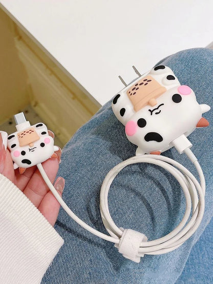 Iphone Charger Case Cover - Cute Cow - 4 Piece Set (With Wire Protector)